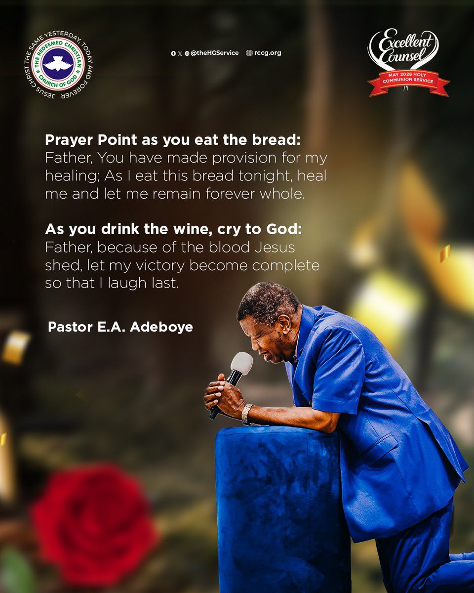 Prayer Points

As you eat the bread:
▪︎ Father, You have made provision for my healing. As I eat this bread tonight, heal me and let me remain forever whole.

As you drink the wine, cry to God:
▪︎ Father, because of the blood Jesus shed, let my victory become complete so that