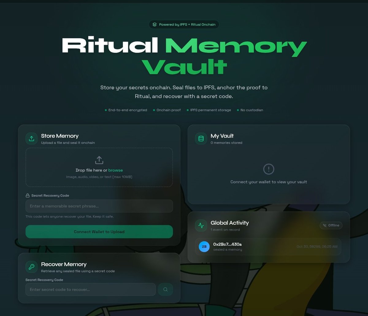 KikoNads's tweet photo. 👉 your memories… now live onchain
introducing: Ritual Memory Vault
store anything image, audio, video, text
secured with your wallet + secret recovery
real tx. real chain. real ownership
test it yourself
https://t.co/pR5pUjKmoB
@ritualfnd @ritualnet
#Ritual #MyRitualChain https://t.co/LEQtYdOT7R