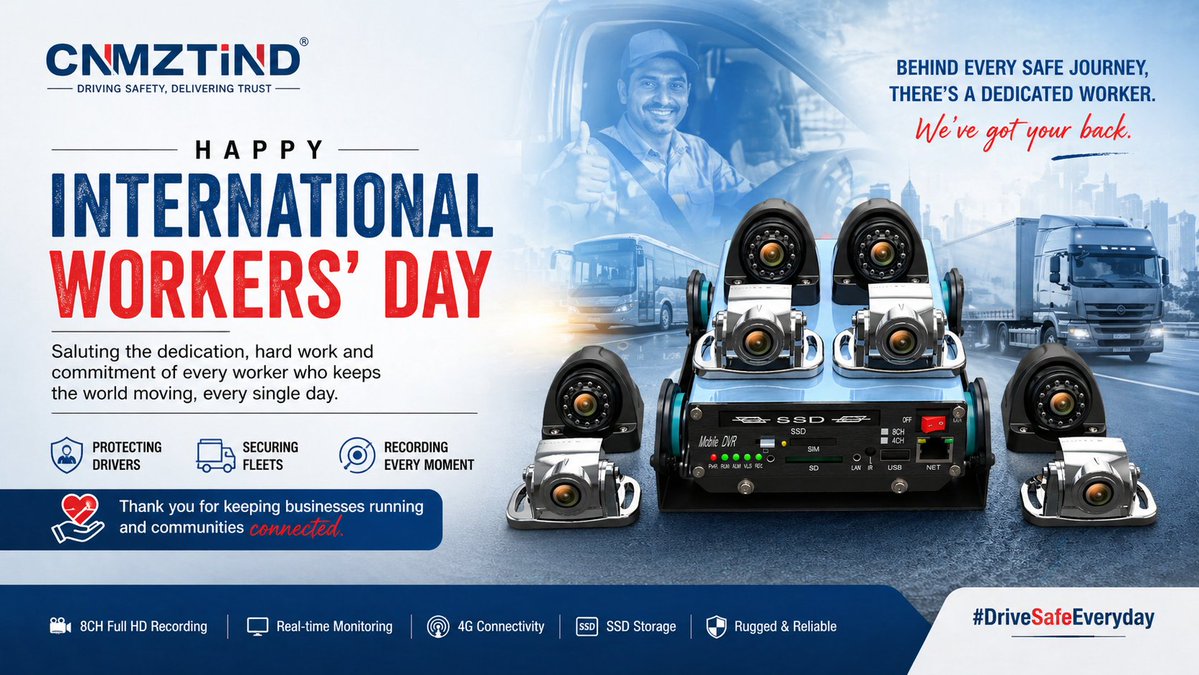 JUNLEE48187471's tweet image. This #InternationalWorkersDay, we salute the drivers &amp;amp; fleet professionals keeping the world moving 🚛
CNMZTIND is proud to support your safety with reliable vehicle surveillance systems 🎥
Stay safe. Keep moving.
#FleetSafety #DriverSafety #WorkersDay #CNMZTIND