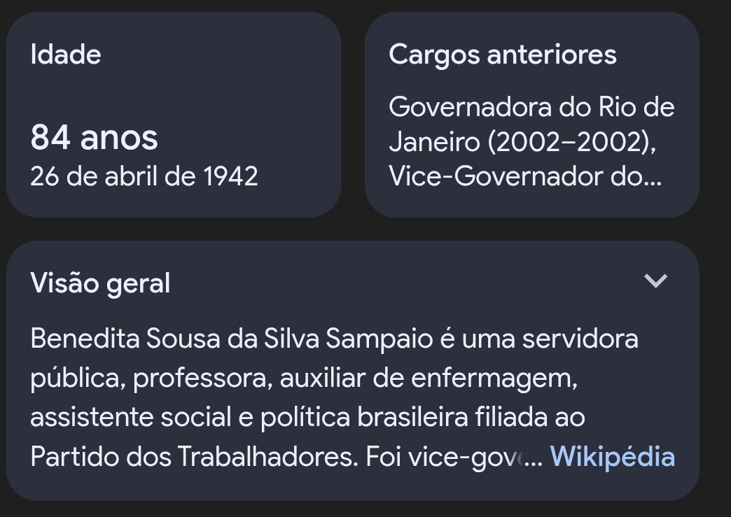 A principal candidata no Rio fora do bolsonarismo para o Senado é uma senhora de 84 anos

Estamos f******