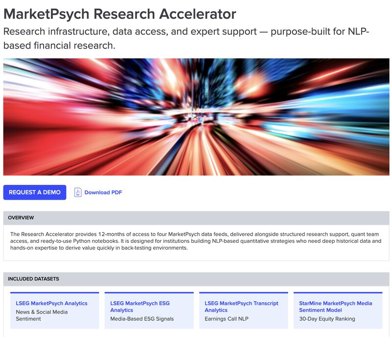 MarketPsychAdv's tweet photo. Excited to announce our new launch: *MarketPsych Research Accelerator* in partnership with LSEG Data &amp; Analytics 🚀

#AltData testing and integration can consume months of time.

Our new MarketPsych Research Accelerator solves this → https://t.co/8N8MB2pQhc https://t.co/7rCzK4lHxH
