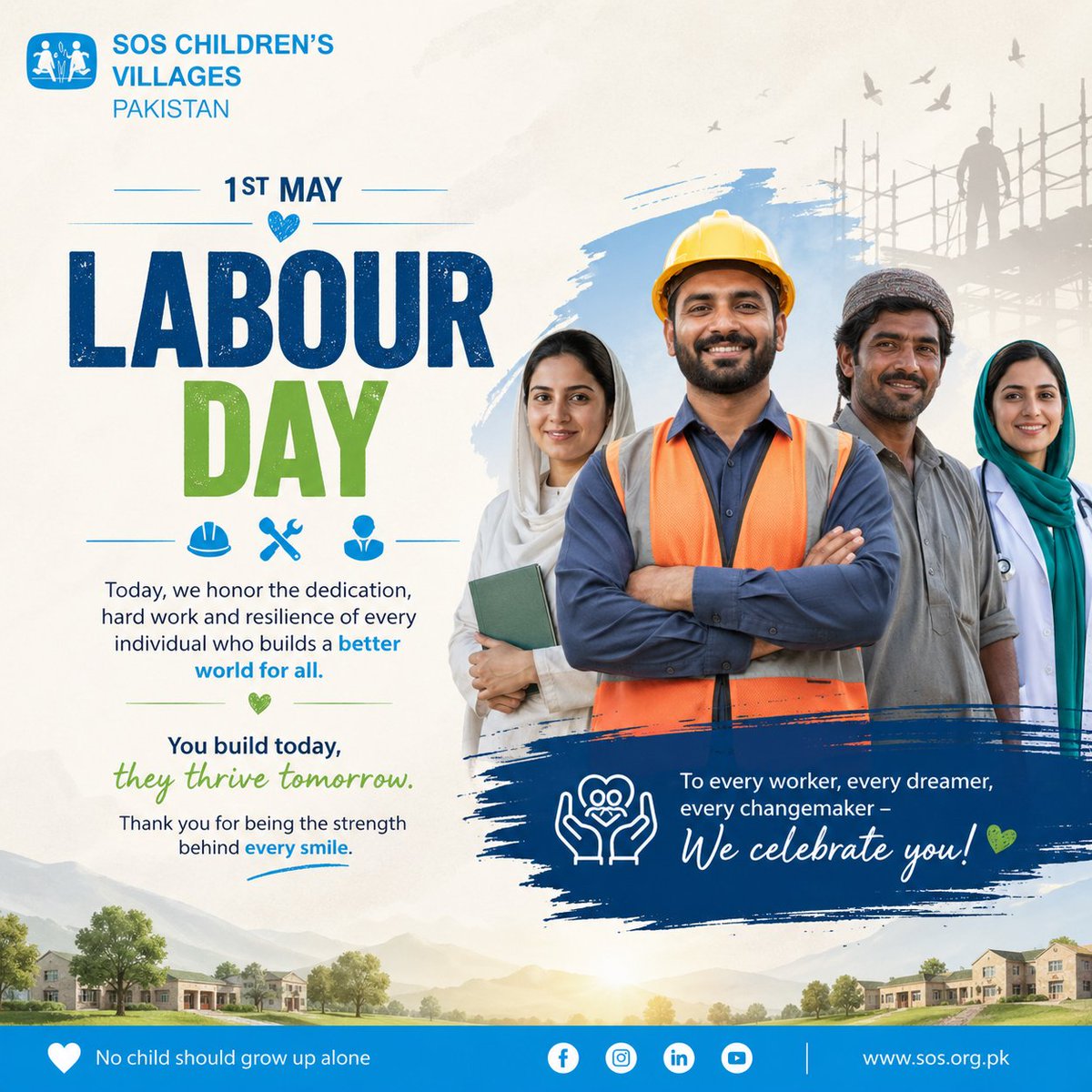 soschildrenpk's tweet photo. To every hand that builds, every heart that strives, and every soul that refuses to give up—today we celebrate you.
We stand with every individual working tirelessly to create opportunities, uplift communities, and build a better tomorrow for our children.
Happy Labour Day. 🌍

#SOSChildrensVillagesPakistan #labourday