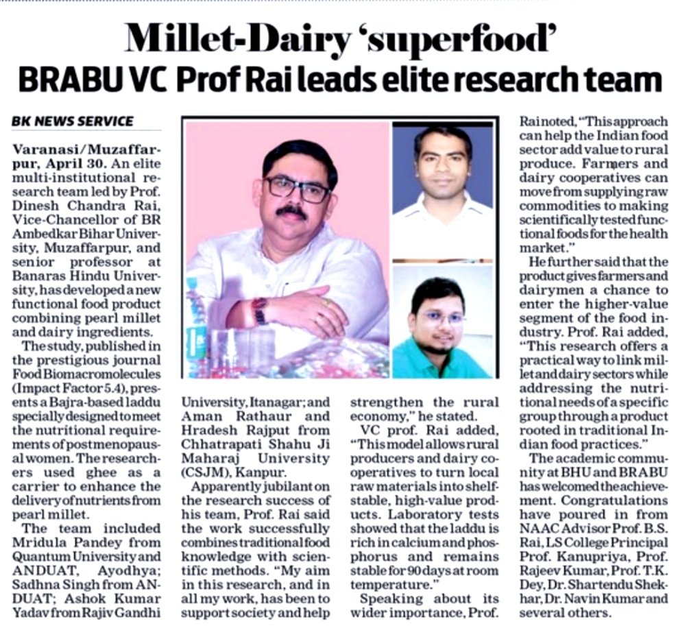Hon'ble VC Prof. Dinesh Chandra Rai pioneers a new frontier in functional food research. Leading an elite team of experts, his innovative work on millet-dairy integration gained global acclaim in the prestigious journal Food Biomacromolecules (IF 5.4). <a href="/DineshCRai/">Dinesh Chandra Rai</a> <a href="/atahasnain53/">Syed Ata Hasnain</a>