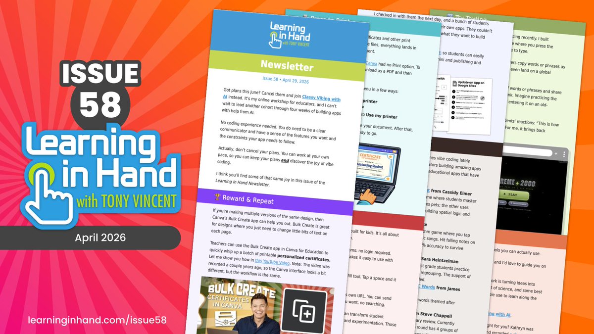 tonyvincent's tweet photo. A creative mix of old-school fun and new-school AI tools.

https://t.co/lkcVfx1tbF

🎓 Bulk create personalized certificates
🖨️ Finally: Print directly from Canva!
🎨 Art with Adobe Aqua
💻 Vibe coding with students
🐝 New on Teacher Hive
📱 Retro texting with Textreme 2000 https://t.co/8bn1f2qO1p