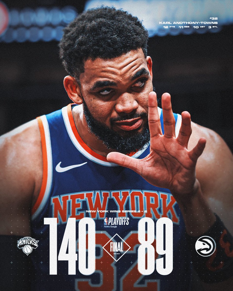 ACABOU

O New York Knicks simplesmente ESPANCA o Atlanta Hawks no Jogo 6

A maior vitória (em diferença de pontos) da HISTÓRIA do New York Knicks nos Playoffs

Eliminam o Hawks por 4-2 e se tornam o primeiro time da conferência leste a se classificar pra segunda rodada dos