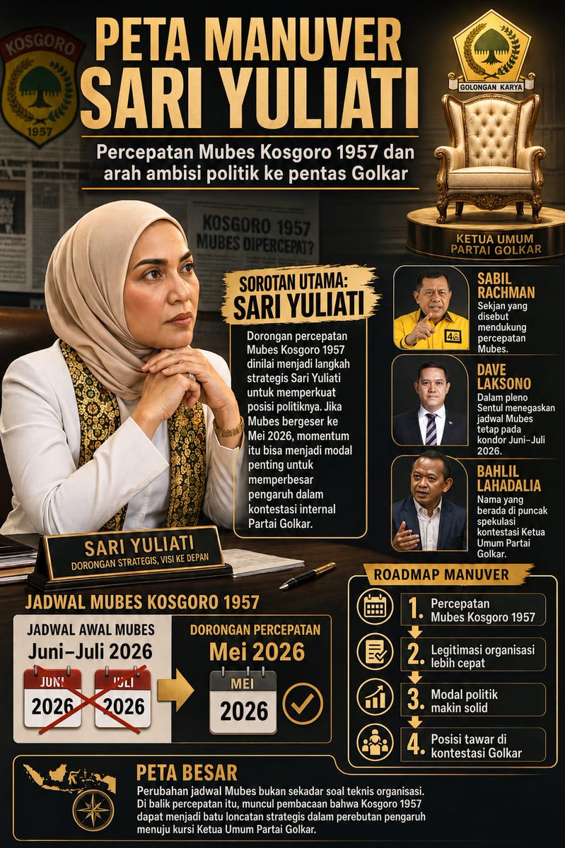 radhityabayua1's tweet image. Percepatan Mubes Kosgoro 1957 ke Mei 2026 memunculkan tanda tanya besar: sekadar agenda organisasi, atau bagian dari peta suksesi politik menuju Golkar? Sari Yuliati jadi sorotan. Bagaimana menurut Anda?
#Kosgoro1957 #Golkar #SariYuliati #MubesKosgoro #PolitikIndonesia