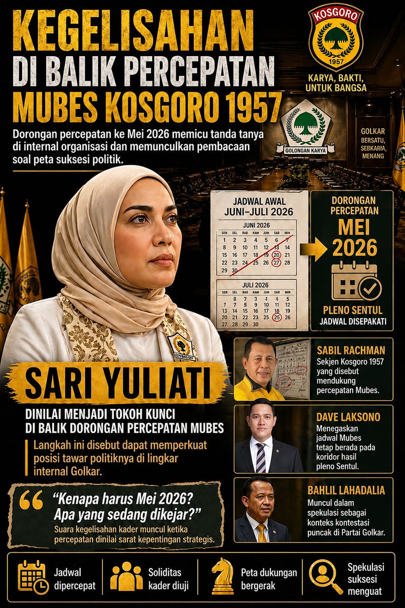 radhityabayua1's tweet image. Percepatan Mubes Kosgoro 1957 ke Mei 2026 memunculkan tanda tanya besar: sekadar agenda organisasi, atau bagian dari peta suksesi politik menuju Golkar? Sari Yuliati jadi sorotan. Bagaimana menurut Anda?
#Kosgoro1957 #Golkar #SariYuliati #MubesKosgoro #PolitikIndonesia