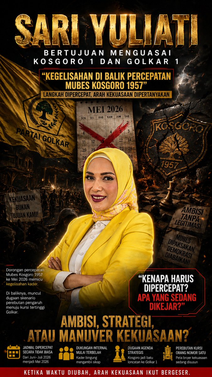 radhityabayua1's tweet image. Percepatan Mubes Kosgoro 1957 ke Mei 2026 memunculkan tanda tanya besar: sekadar agenda organisasi, atau bagian dari peta suksesi politik menuju Golkar? Sari Yuliati jadi sorotan. Bagaimana menurut Anda?
#Kosgoro1957 #Golkar #SariYuliati #MubesKosgoro #PolitikIndonesia