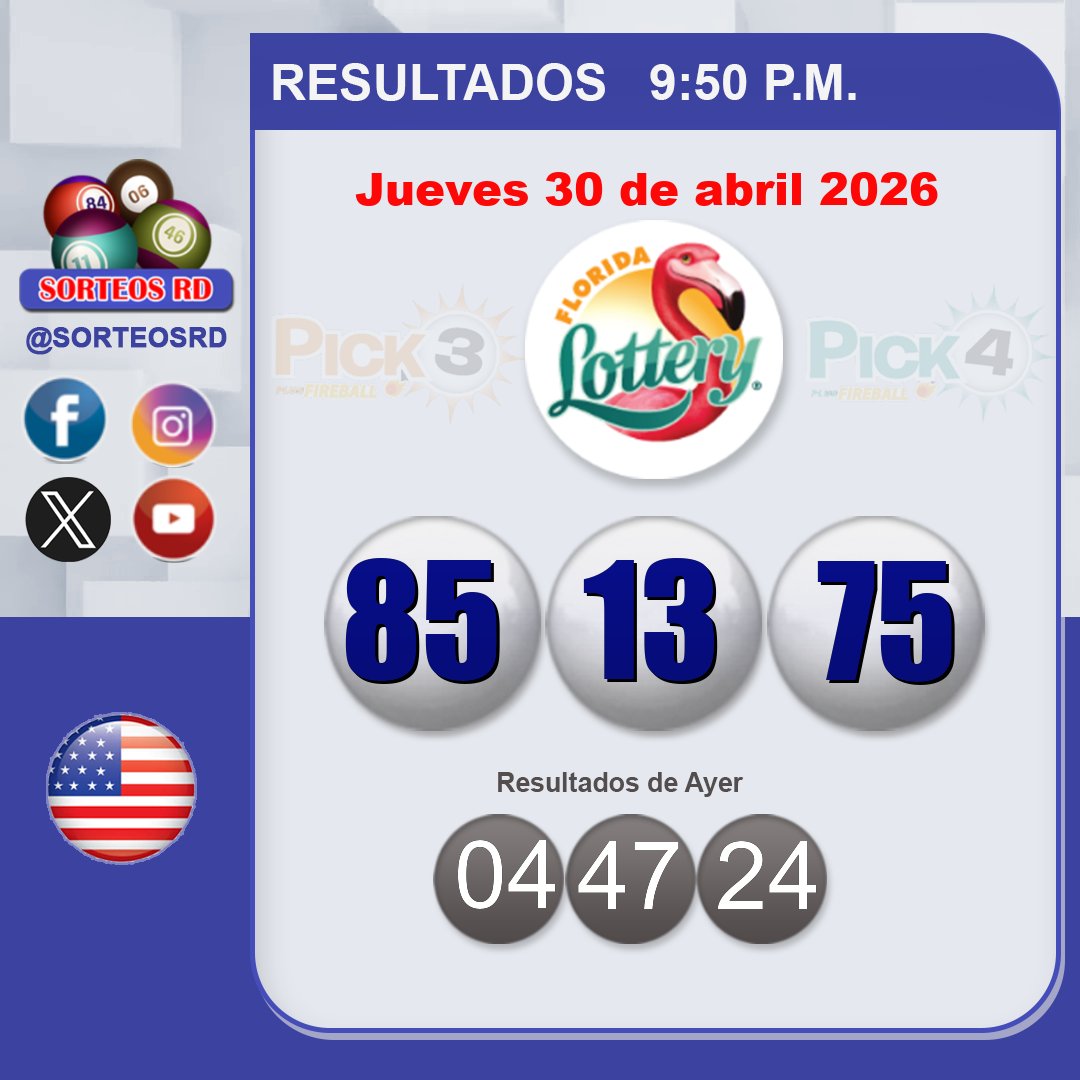 SorteosRD's tweet image. Resultados Florida Lottery Noche 🍀🎉
 🗓 Jueves 30 de abril 2026 ⏰ 9:50 P.M.
 #FloridaLottert #sorteosrd #resultados

 Juega con responsabilidad.