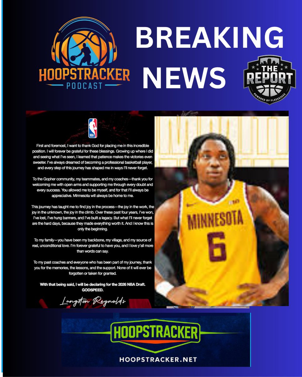 hoopstracker's tweet photo. 🚨 BIG NEWS 🚨

Langston Reynolds is officially declaring for the NBA Draft! 🏀🔥

From the grind to the spotlight… it’s GO TIME.
Hours in the gym. Doubters silenced. Dreams loading…

The next chapter starts NOW.

@LangstonReynol2  @UNC_BearsMBB  @GopherMBB  @DenverEastHS  @ColoradoPrep_  
#NBADraft #NextUp #Hoops #Basketball #DreamChaser