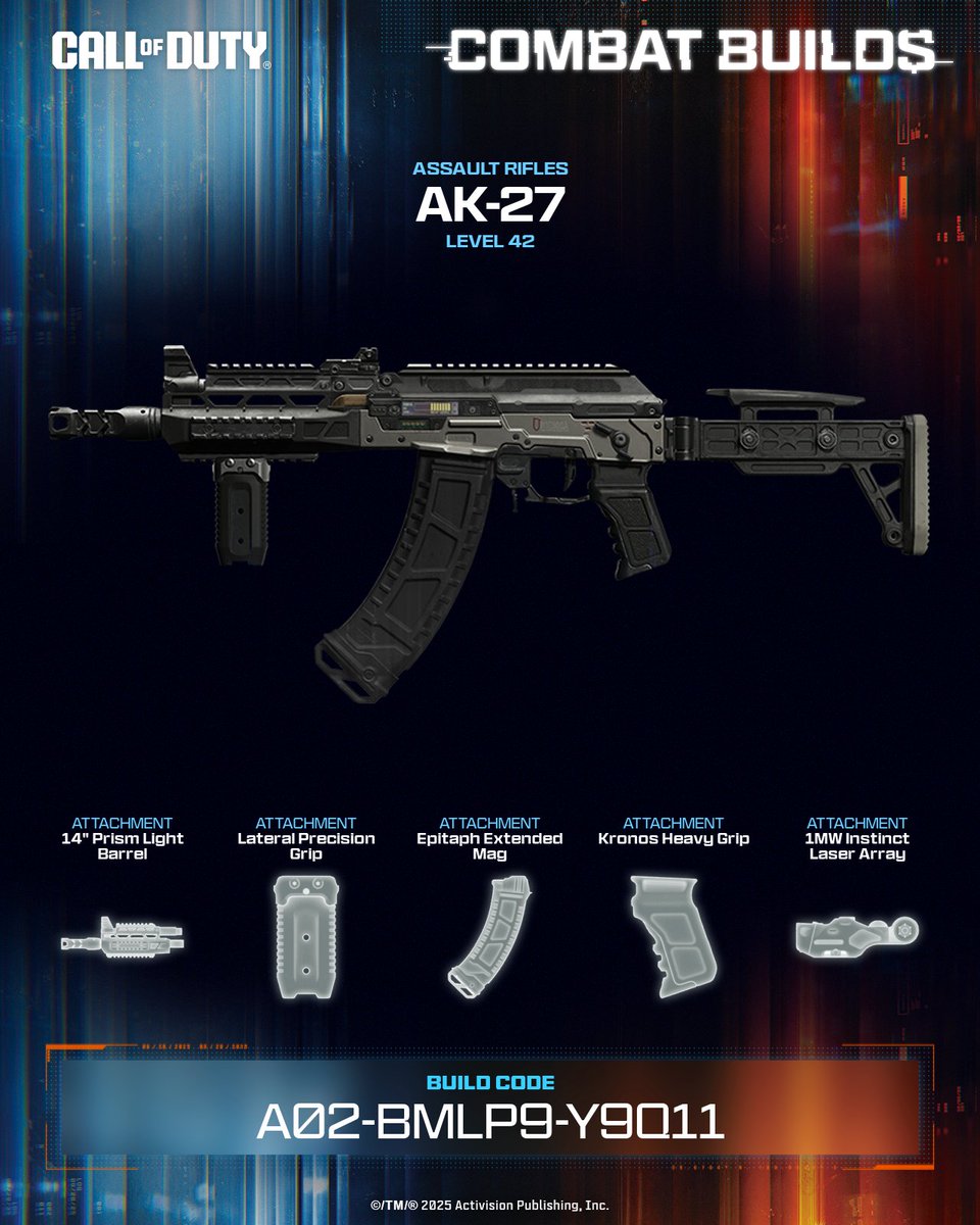 drxp_noah's tweet photo. Need speed and control? This AK-27 setup irons out horizontal bounce and shaves time off your reaction window, so you’re faster, cleaner, and deadlier every fight 💪 

💥 Equip this build now ➡️ A02-BMLP9-Y9Q11 #CallOfDuty #CODCombatBuilds https://t.co/AxzCeGTwRy