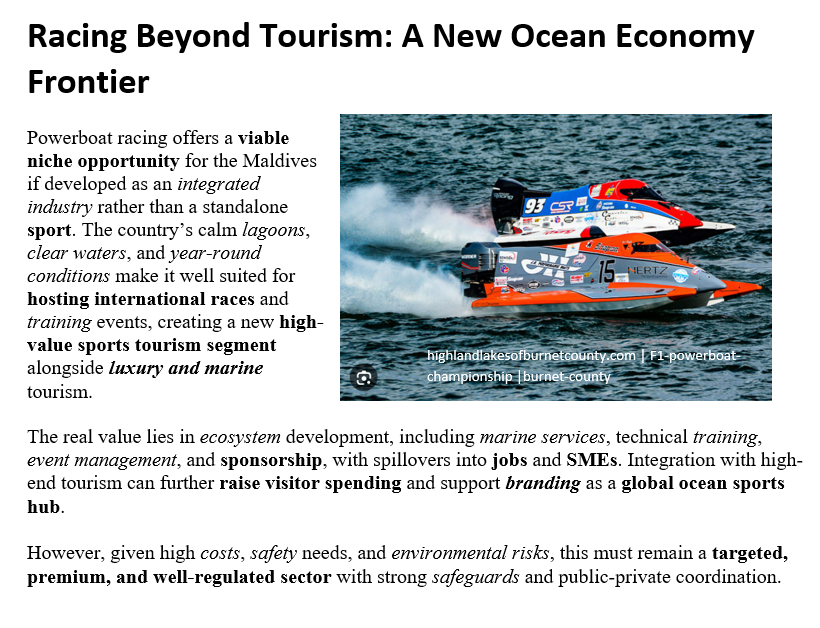 _mohamedimad's tweet image. Yes!!, Powerboat racing can become a high-value niche industry for the #Maldives, driving tourism, skills and economic diversification. #BlueEconomy #OceanSports #Diversification #MarineIndustry #PolicyStrategy #HighValueTourism @MoTmv @matimaldivesmv @boating_mv 

#VisitMaldives