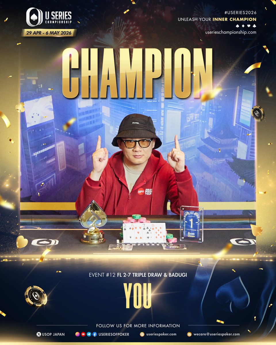 useriesofpoker's tweet image. Event #12 FL 2-7 Triple Draw &amp;amp; Badugi Champion 

Congratulations to You on winning Event #12 FL 2-7 Triple Draw &amp;amp; Badugi at the Osaka Series in Osaka.

A strong run, steady play, and a well-earned title.

Well played, Champion.

#USeries2026 #DojiamaRiverForum #Champion #Osaka