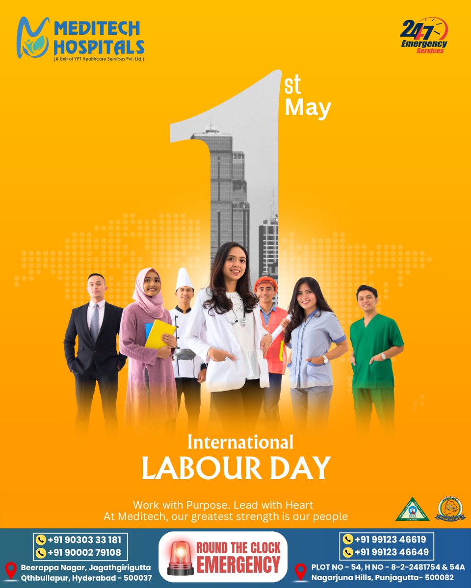 Meditech_hyd's tweet photo. Behind every thriving community is a dedicated workforce. Today, we salute the hands that build, the minds that innovate, and the hearts that heal.
​Happy International Labour Day from Meditech Hospitals! 🩺✨
​#LabourDay #InternationalLabourDay #MeditechHospitals #WorkersDay https://t.co/8lBhytx0I1