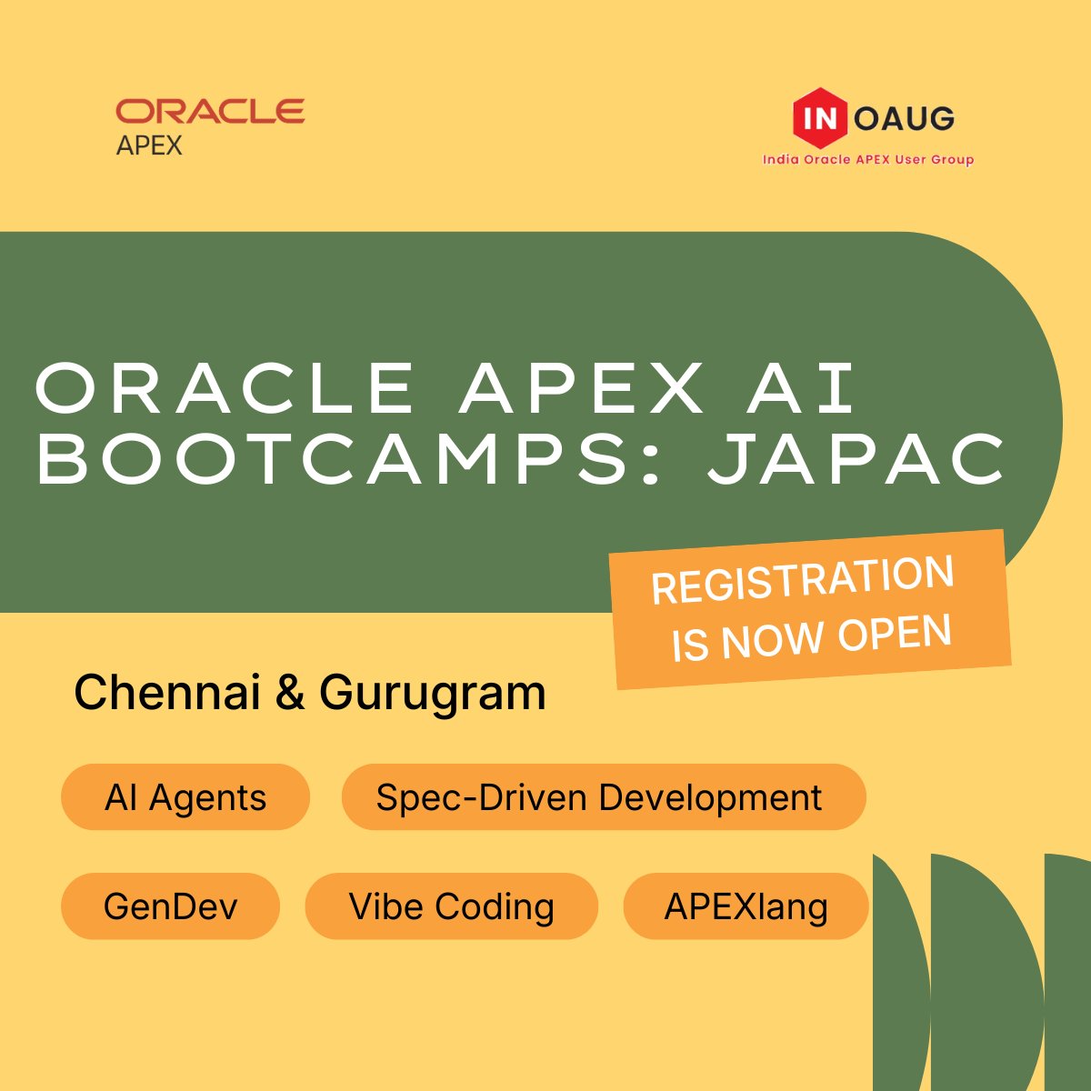 inoaug's tweet photo. AI + Oracle APEX = future of app dev 🔥
Oracle APEX AI Bootcamps (JAPAC) hitting Chennai & Gurugram 🚀
AI Agents, GenDev, Vibe Coding & Spec-Driven Dev—level up fast ⚡
Register now 👀
https://t.co/ufOGYbowqc
#orcIAPEX #AI #GenAI #Oracle #Database #OracleDatabase #Database26ai https://t.co/2p6HG6fGoh