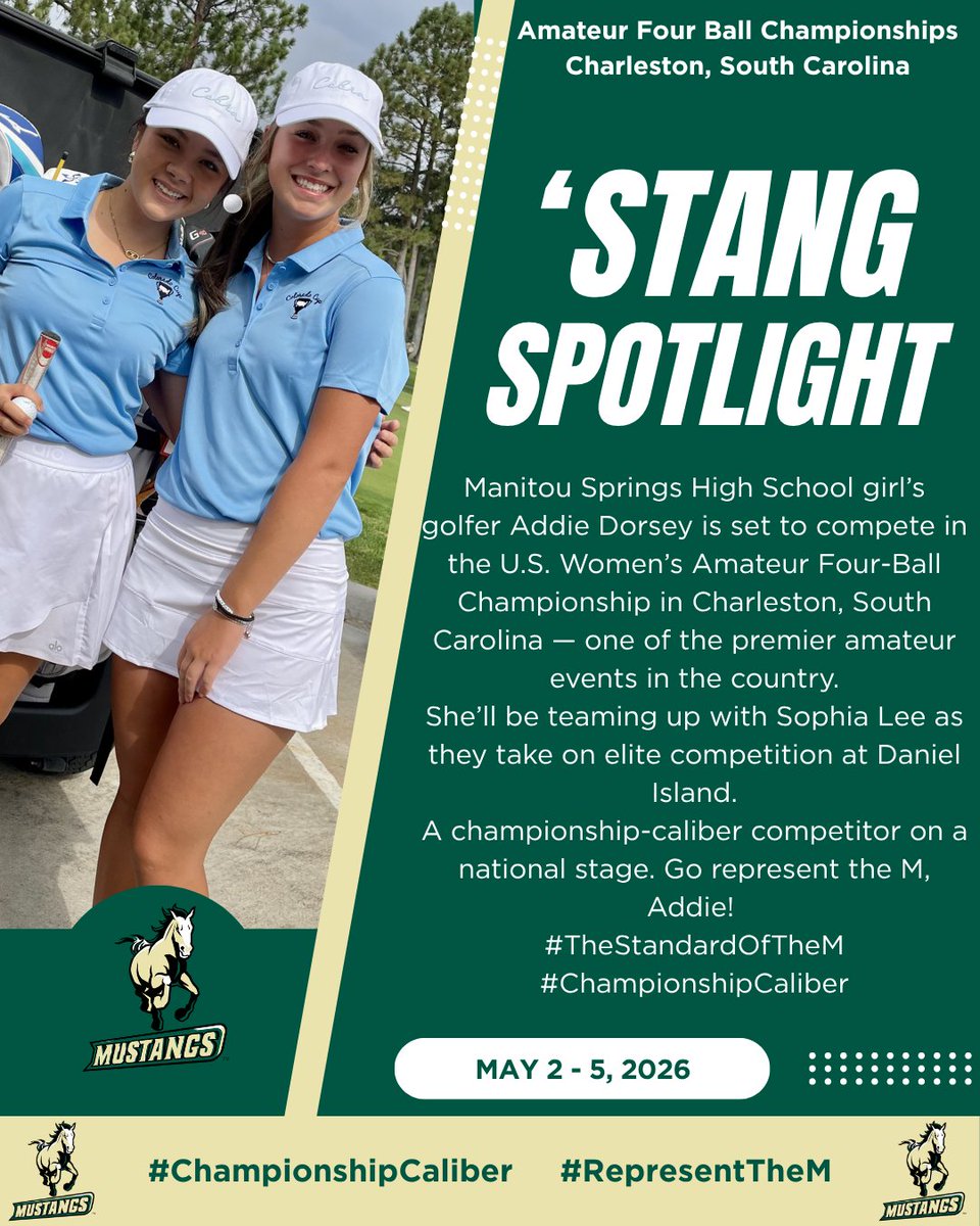 ManitouMustangs's tweet photo. Addie is competing at the U.S. Women’s Amateur Four-Ball Championship in Charleston, SC with partner Sophia Lee - taking on the best in the country. A championship-caliber competitor on a national stage.

Go represent the M, Addie! #RepresentTheM #ChampionshipCaliber https://t.co/znKYyOodZ4