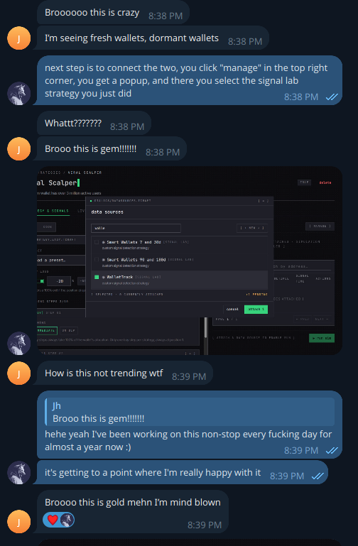 psueded's tweet photo. Helping a new user onboard on Tradecraft. Getting that direct feedback makes it all worth it. https://t.co/224udHLuni