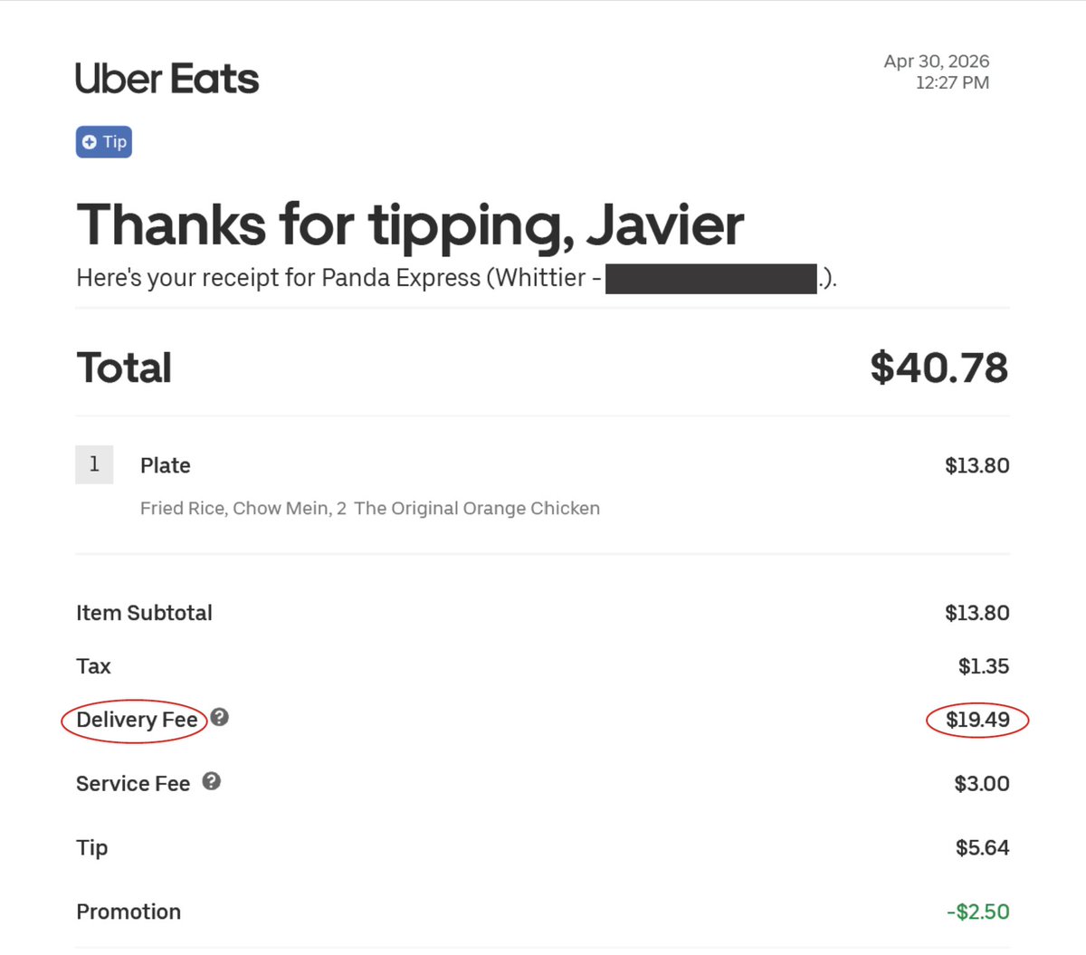 JavierZR's tweet photo. Are you for reals @Uber @Uber_Support ? $19.49 delivery fee for a restaurant half a mile away?! That's a 107% surcharge! How is this allowed? And by the looks of your X page, it's happening to everyone. @CaliforniaDCA @FTC https://t.co/PZiITyfPmY