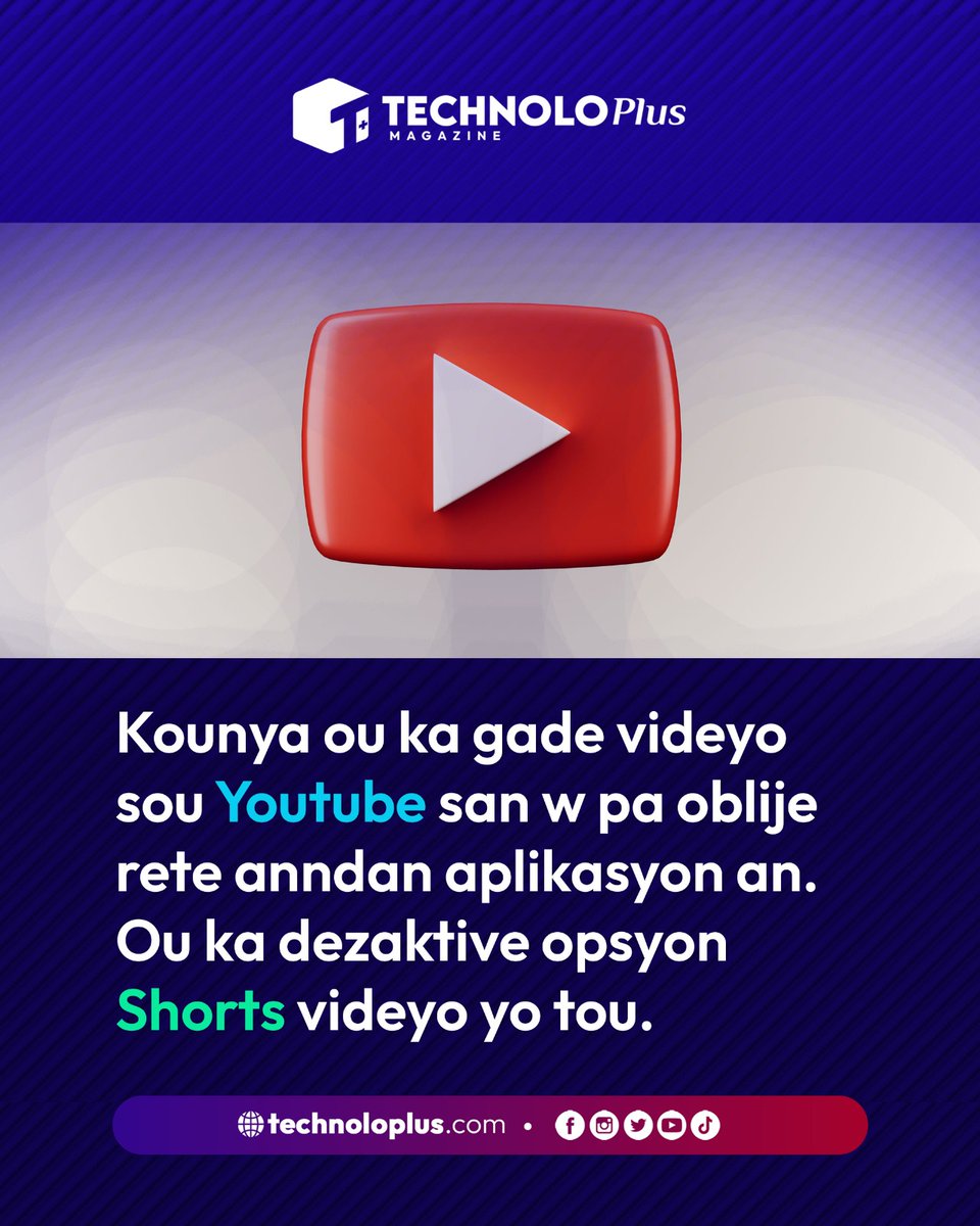 technoloplus's tweet photo. Kounya ou ka gade videyo sou youtube san w pa oblije rete anndan aplikasyon an. Ou ka dezaktive Shorts videyo yo tou.

••• https://t.co/viA01zkAVi https://t.co/WUgnpqIUQ8