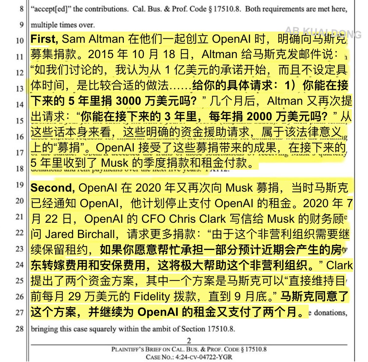 _FORAB's tweet image. 庭审第三天，马斯克再次提交指控 OpenAI 的证据。

早在 2015 年，OpenAI 创始人 Sam Altman 就给马斯克发邮件，祈求他能承诺给 OpenAI 捐赠 1 亿美金，然后询问能否在 5 年里捐 3000 万美元。

最后马斯克累计捐了 3800 万美元，还承担了办公室租金费用。

在马斯克，因为要忙碌特斯拉、SpaceX