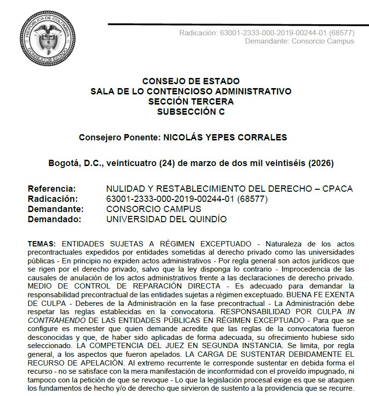 comprapublica_'s tweet photo. 🤑La responsabilidad precontractual por culpa in contrahendo en entidades públicas de régimen exceptuado, requiere 2 elementos para configurarse: actuación contraria a buena fe y culpa

¿Qué debe acreditarse para probar la frustración de celebrar el contrato?

Aquí te contamos👇

En reciente sentencia, el Consejo de Estado reitera que, en tratándose de la responsabilidad precontractual por culpa in contrahendo, una entidad estatal puede ocasionar un perjuicio cuando en un proceso de selección de régimen exceptuado termina seleccionando al proponente incorrecto en perjuicio de quien estima tener un mejor derecho.

En estos casos, precisa, debe demostrarse 2 condiciones: i) el incumplimiento de la entidad de los términos y/o reglas respecto de la evaluación de las propuestas; ii) que de haberse aplicado correctamente las reglas del proceso de selección, su oferta hubiera sido seleccionada para la celebración del respectivo contrato.

Descarga en comentarios👇