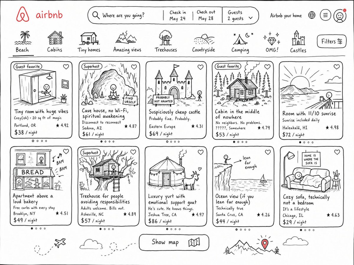 A hand-drawn doodle parody of a YouTube homepage interface, black ink on white p