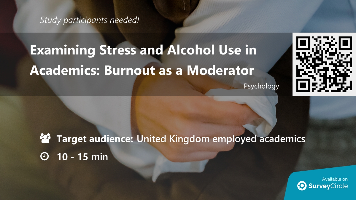 daily_research's tweet image. Participants needed for online survey!

Topic: "Examining Stress and Alcohol Use in Academics: Burnout as a Moderator" via @SurveyCircle

#stress #burnout #alcohol #academic #WorkStress #StressCoping #DrinkBehaviour #survey #surveycircle