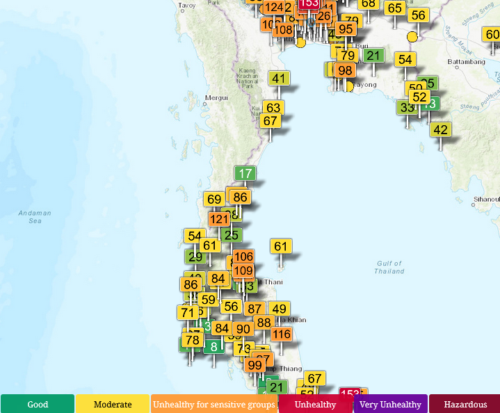 HelmutDuerrast's tweet image. 01 May 26 around 08:00
#AirPollution #PM25 PM 2.5 #Smog season for #Bangkok and #Thailand. Here, near-surface measurements for determination of AQI via waqi.info         

&amp;gt;#HuaHin #KoSamui
&amp;gt;Upper South=GREEN to ORANGE  
&amp;gt;WIND/RAIN/TERRAIN make difference