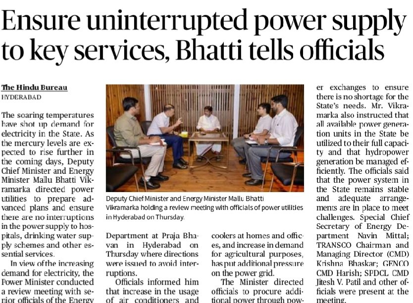 revanthannanews's tweet image. 💥No power cuts for essential services: @Bhatti_Mallu
🔹Focus on uninterrupted supply to hospitals, water systems
🔹Extra power procurement to meet rising summer demand
🔹Utilities told to operate at full capacity
#Telangana #PowerSupply
@the_hindu