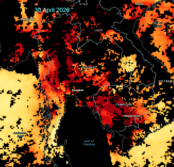 HelmutDuerrast's tweet image. 01 May 26 
#Airpollution #PM25 for #Thailand #Bangkok; here Aerosol Optical Depth=level at which particles in air (aerosols) prevent light from traveling through atmosphere, via NASA  

black=no data 
from lighter yellow=very good 
to darker red=worst 
&amp;gt;Almost ALL home made 
&amp;gt;😡