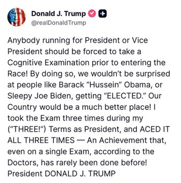 ToutSuiteSinner's tweet image. Just so everyone understands, having a doctor ask you to take a #cognitive test three times means the doc thinks you probably have #dementia.

#Obama and #Biden weren't ask to take them for obvious reasons.

Idiot.