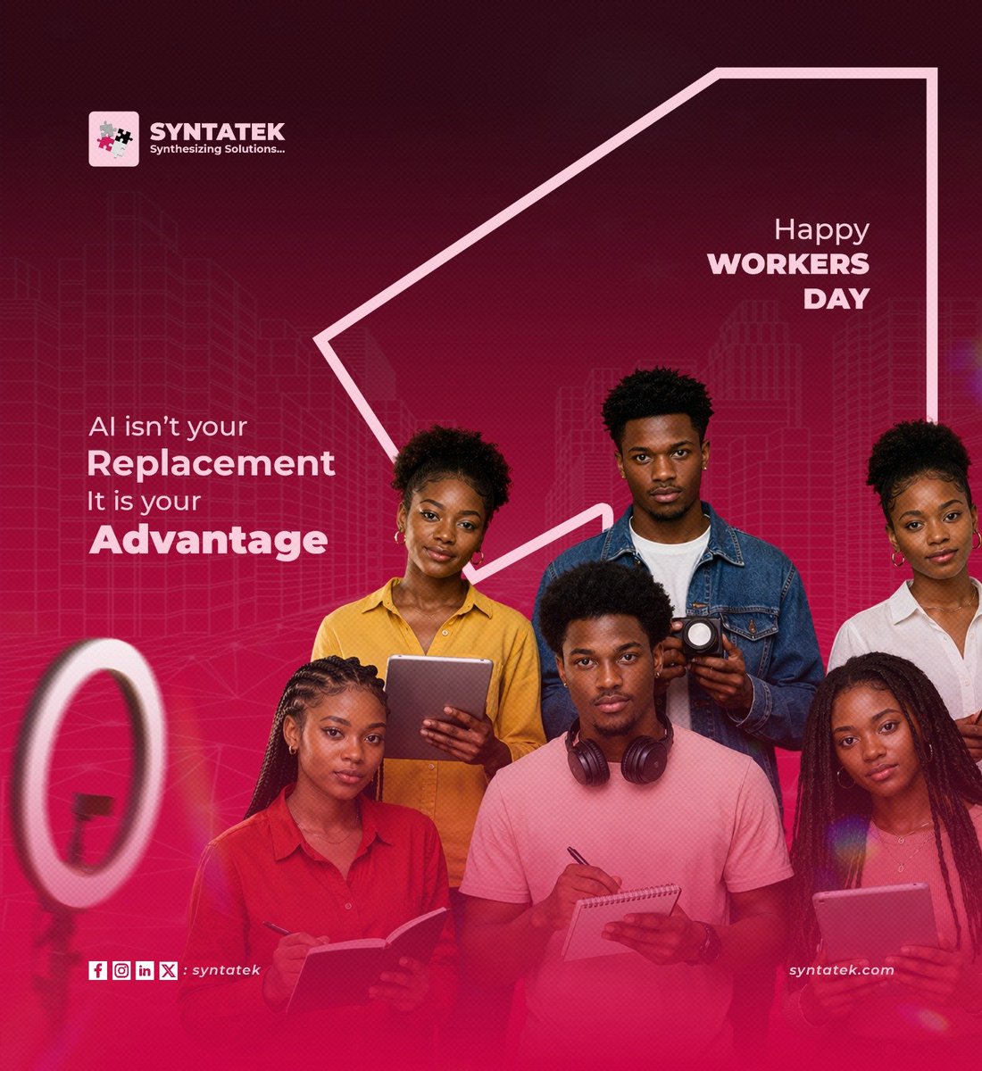 AI isn’t your replacement.
It’s your advantage.

Happy Workers’ Day to everyone building the future 💼

#WorkersDay #FutureOfWork #AI #Syntatek