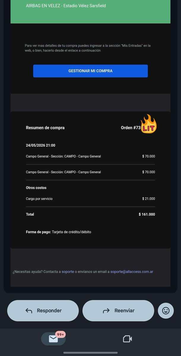 VENDO DOS ENTRADAS PARA AIRBAG EN VÉLEZ EL 24/05‼️

📍UBICACIÓN CAMPO GENERAL LAS 2 ‼️

Las vendo por motivos laborales al precio que las pague 80k c/u o puedo hacer precio x ambas 🫶🏻

ERBAKER@S RT XFAVORRR 💗

Compro - vendo - entradas - velez - airbag - #sardellis - #airbag