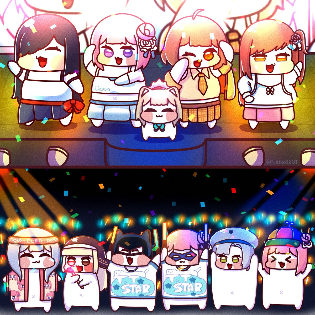 Today is the concert of the famous idol band TT Star and they have two new members with them!
The new member are Handoro and Pinnecat! 🍊😸
Batdoro, of course, didn't hesitate to go there with his friends and cheer them on! 🥳🙌

Drawn by: <a href="/neiko1201/">Neiko1201</a> 🖍️

#nikke #doro #TTSTAR