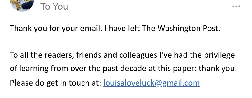 leloveluck's tweet photo. Termination day. A lay-off is a funny thing. 10 years of your life and then someone just cuts the bungee cord, without a thank you, goodbye, or even a chance to bid farewell to the constellation of colleagues who inhabited your world all that time. I’m grateful for all the opportunities the Washington Post gave me, and for the friends I made along the way. Onwards.
