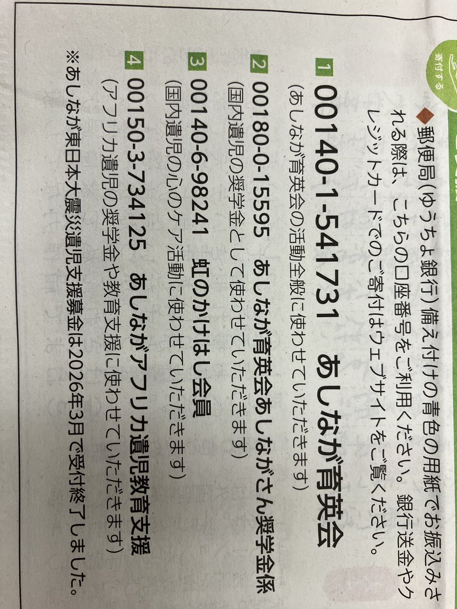 以前あしなが募金で、アフリカの方へ流れていると立腹しているツイッターが流れていた。あしながの新聞を見るとアフリカと国内は、ちゃんと別になっていた。