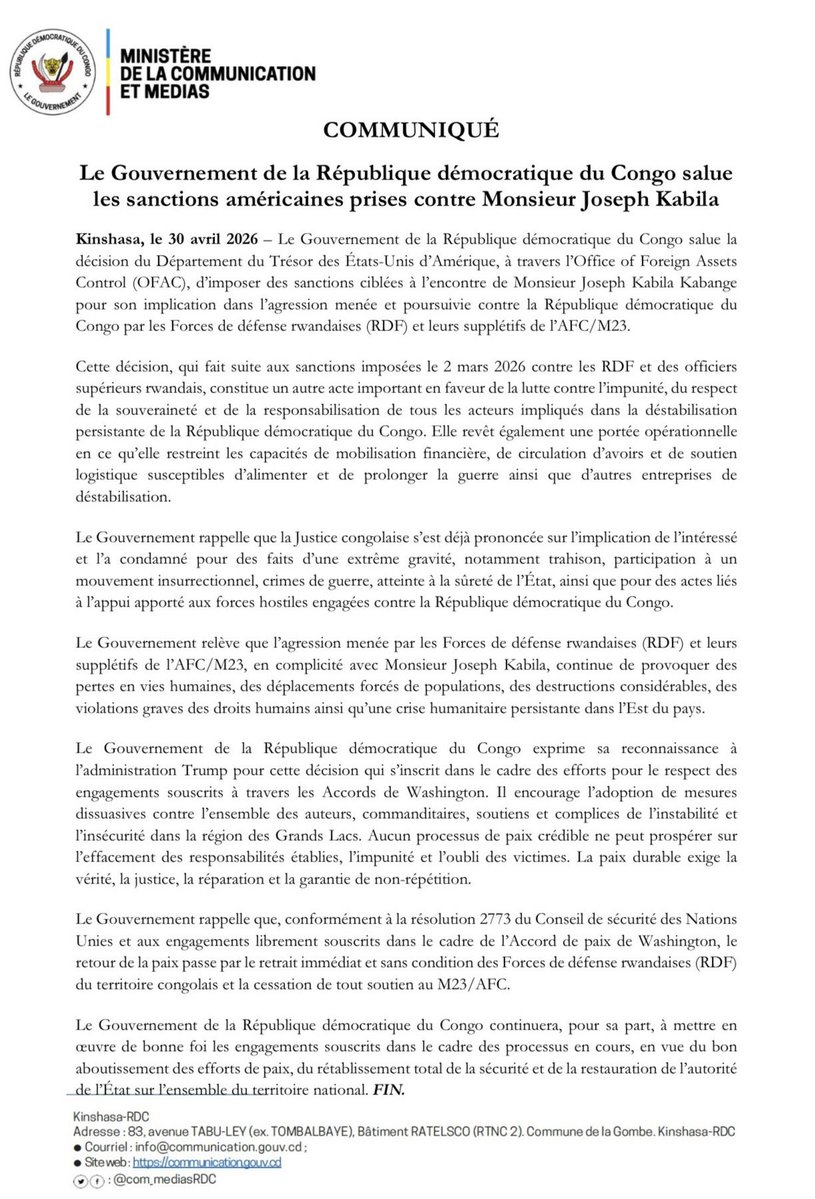 afrikarabia's tweet image. #RDC Le gouvernement salue les #sanctions américaines contre Joseph #Kabila qui « restreint les capacités de mobilisation financière, de circulation d'avoirs et de soutien logistique susceptibles d'alimenter et de prolonger la guerre ainsi que d'autres entreprises de