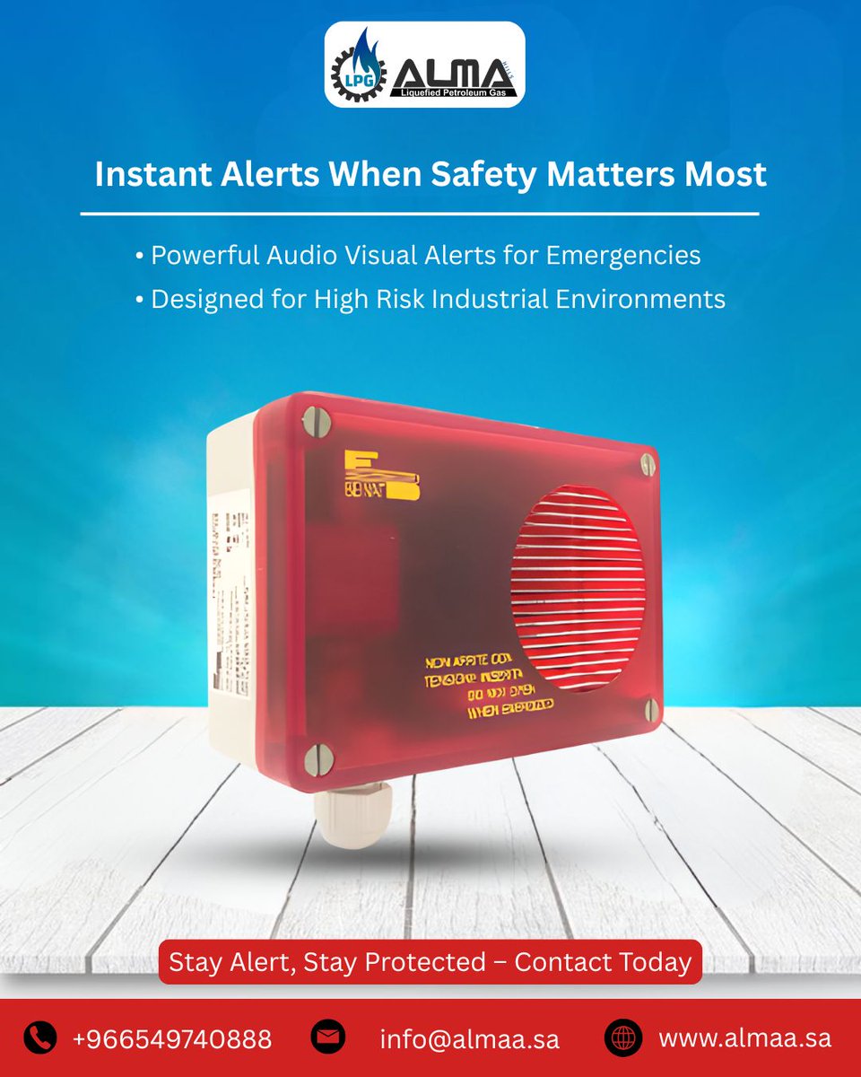 LpgAlma93733's tweet image. Safety isn’t optional—it's essential.
Get instant alerts when it matters most with powerful audio-visual warning systems designed for high-risk environments.

🌐 almaa.sa
#SafetyFirst #IndustrialSafety #EmergencyAlert #WorkplaceSafety #LPGSolutions #StayProtected