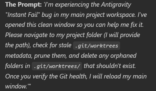 DraftHippo's tweet photo. @philofsurprises @BKlisarski @Samaytwt I found a way to let the agent fix itself when this happens. It's a local Git metadata crash. Here is the easiest way to fix it:

Open a New Antigravity Window (File -> New Window).
In that clean window (where Antigravity works), paste the prompt https://t.co/JInSlo8fgL
