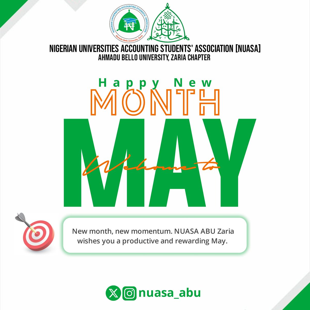 NUASA_ABU's tweet photo. Happy New Month!
A fresh month, a fresh chance to show up and go harder. NUASA ABU Zaria is wishing everyone a productive and rewarding May. 💚
Welcome to May! 🎉 

 NUASA ABU Zaria https://t.co/Q69byFED5l