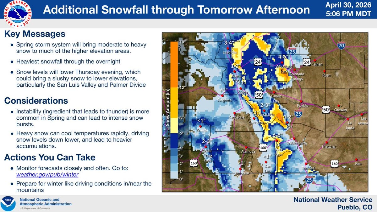 NWSPueblo's tweet image. Heavy wet snow is ongoing and is expected to continue through Friday. Hazardous travel conditions are possible over the higher elevations and if it the roads become cold enough over the Palmer Divide as well. #COwx #Colorado