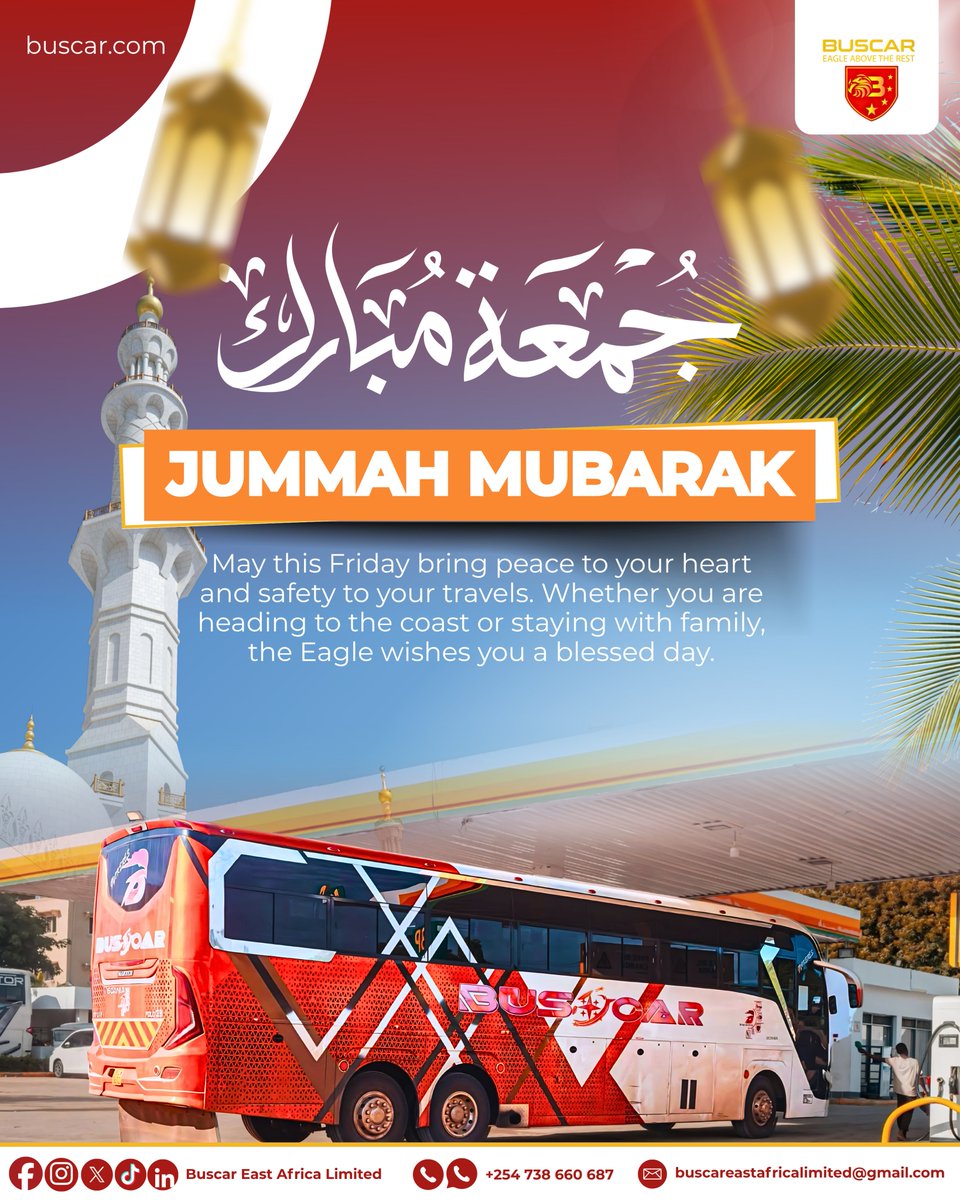 Jummah Mubarak! 🕌🦅

May this Friday bring peace to your heart and safety to your travels.

Whether you’re heading to the coast or staying with family, the Eagle wishes you a blessed day.

Plan your journey:

📞 Call | WhatsApp: +254 738 660 687

#JummahMubarak #BuscarEastAfrica