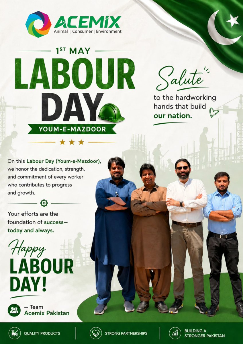 ACEMIX_OFFICIAL's tweet image. Happy Labour Day 🇵🇰
Saluting the hardworking hands that build our nation, the strength, dedication, and unity that keep us moving forward.
Together we work, grow, and smile across the miles.✨
#ACEMIX #LabourDay #YoumEMazdoor #BuildingAStrongerPakistan #Partnership