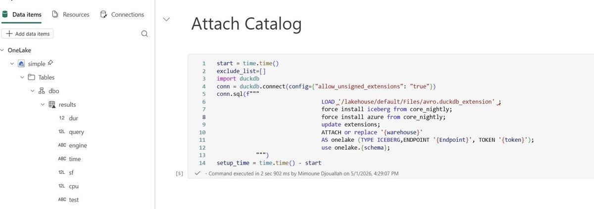 mim_djo's tweet photo. This is (AFAIK) the first ever #apacheiceberg table written by #duckdb using #onelake catalog , thanks to opus 4.7 for finding the bug and providing a PR https://t.co/iMS4YOnwtZ