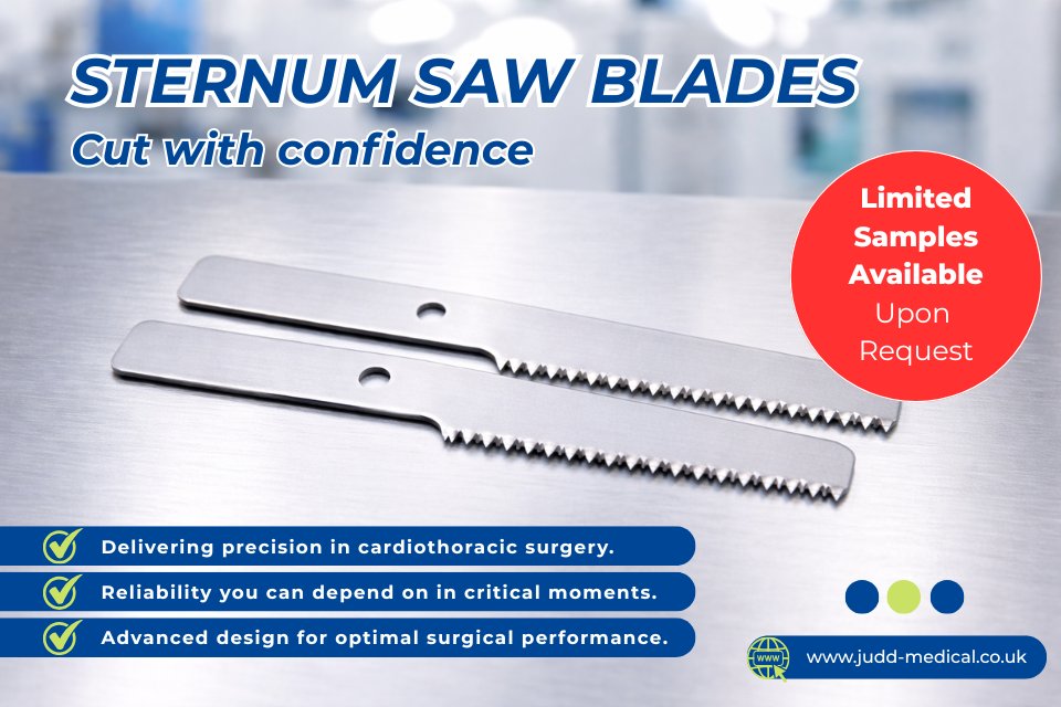 JuddMedical's tweet image. Our Sternum Saw Blades are manufactured for reliable sharpness and smooth cutting performance across procedures.
They are designed to support performance in demanding surgical environments, where reliability can’t be an afterthought.
📞 01527 559010
#sternum #sawblades #cardiac