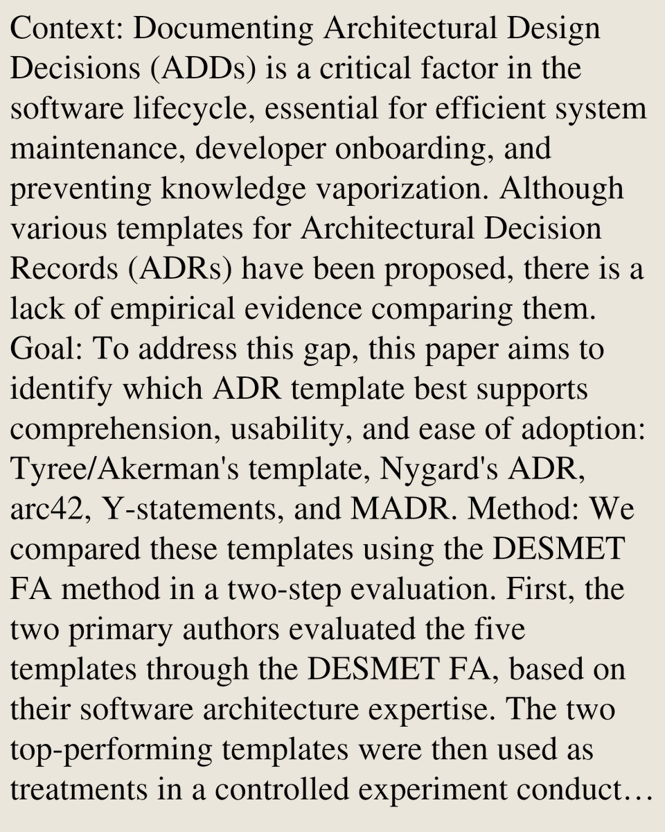 ComputerPapers's tweet photo. One Size Fits All? An Empirical Comparison of ADR Templates regarding Comprehension, Usability, and Ease of Adoption

Fernando Nogueira, Nabson Silva, Tayana Conte
https://t.co/oHD7FeobZ4 [𝚌𝚜.𝚂𝙴] https://t.co/tnbhUzWpcU