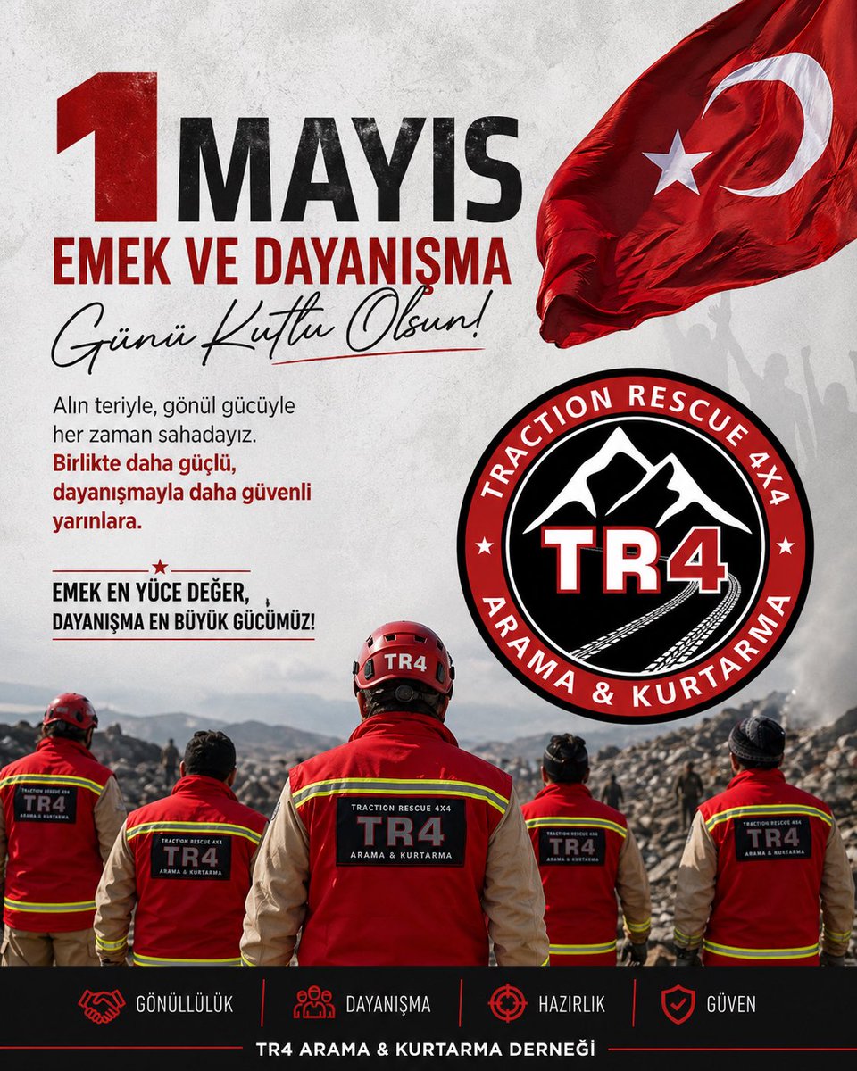 tr4dernegi's tweet photo. 1 Mayıs Emek ve Dayanışma Günü kutlu olsun.

Fedakârca görev yapan tüm emekçilere saygı ve teşekkürlerimizi sunarız.

TR4 Arama &amp; Kurtarma Derneği https://t.co/v8Jnvgvowp
