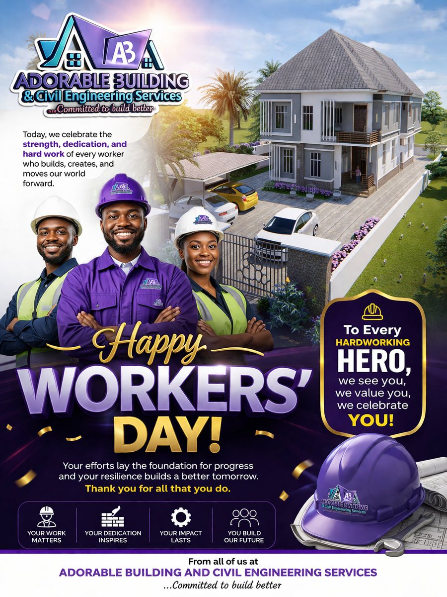 Adorableengr's tweet photo. Happy Workers’ Day! 👷‍♂️👷‍♀️
Today, we celebrate excellence, dedication, and the relentless spirit of those who build dreams into reality.
At ADORABLE BUILDING AND CIVIL ENGINEERING SERVICES, we don’t just construct buildings 👇👇 https://t.co/sWWeMFgacG
