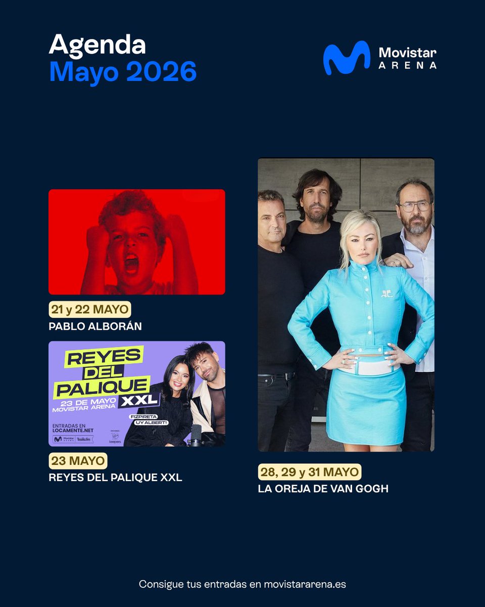 MovistarArenaEs's tweet image. 🔴 ¡Así se presenta el mes de MAYO en el #MovistarArena de Madrid!

¿Te lo vas a perder? Te esperamos 🔝

Entradas en MovistarArena.es

#Conciertos #Música