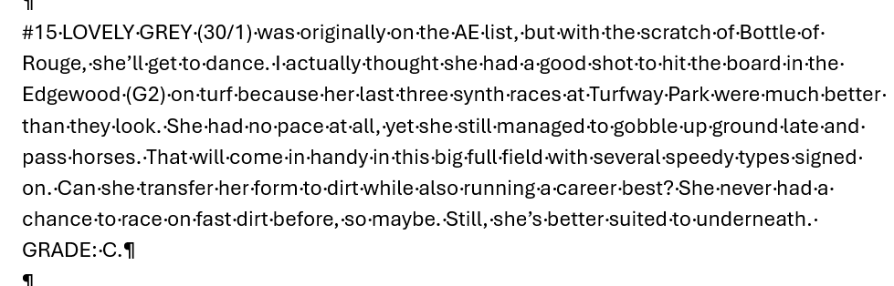 ScatoniSureShot's tweet image. My Oaks coverage is behind a paywall as part of my #MATRIX analysis of the $3 Late P3 @ChurchillDowns for the sequence ending in the Oaks (R11/R12/R13), for @InTheMoneyMedia, but I wanted to put out my honest assessment of Lovely Grey for the benefit of @stoolpresidente &amp;amp; anyone
